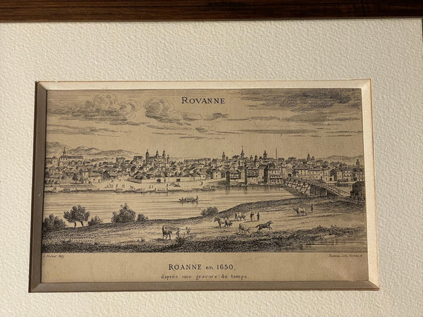 Old engraving view of Roanne in 1650 by Noirot 1869