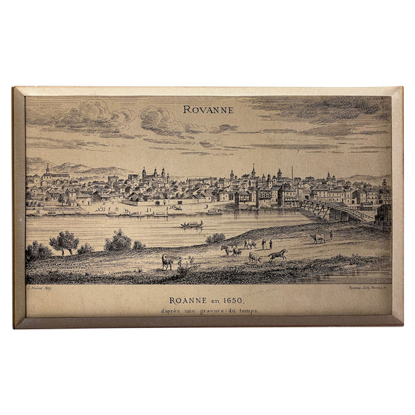 Old engraving view of Roanne in 1650 by Noirot 1869