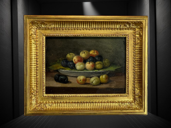 TABLEAU / PEINTURE / HUILE SUR PANNEAU SIGNÉE " PEREZ " NATURE MORTE AUX FRUITS