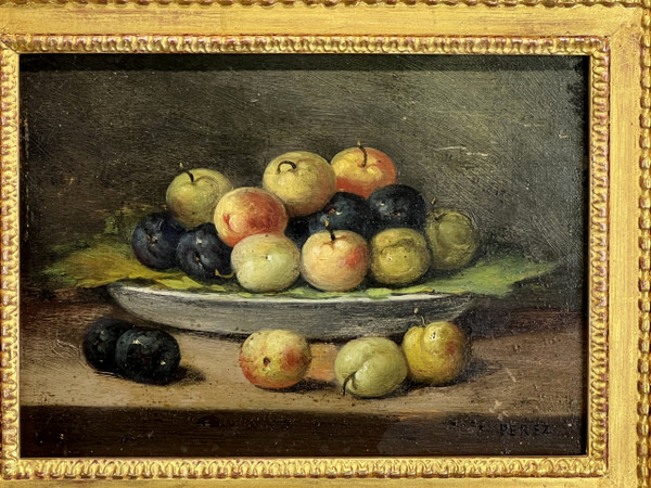 TABLEAU / PEINTURE / HUILE SUR PANNEAU SIGNÉE " PEREZ " NATURE MORTE AUX FRUITS