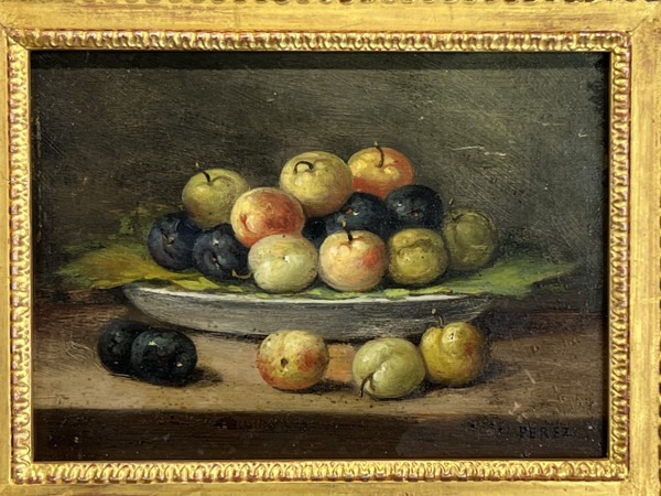 TABLEAU / PEINTURE / HUILE SUR PANNEAU SIGNÉE " PEREZ " NATURE MORTE AUX FRUITS
