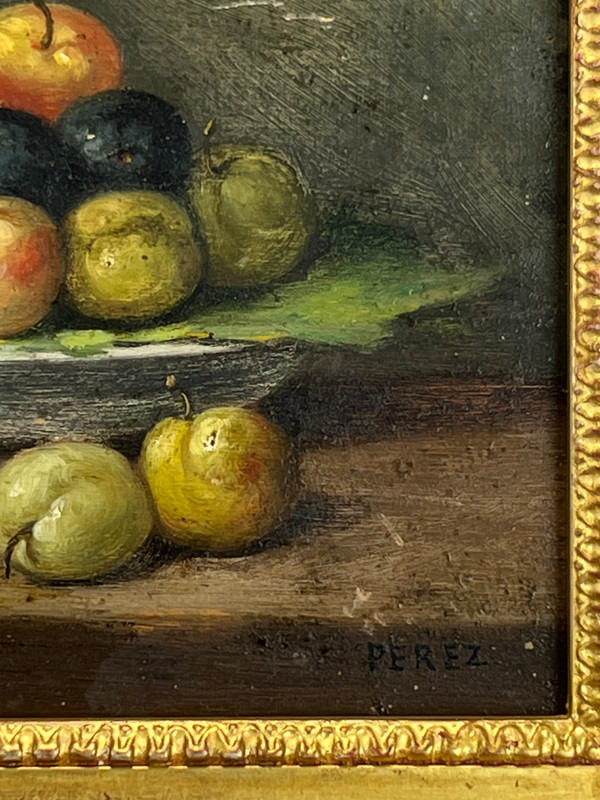 TABLEAU / PEINTURE / HUILE SUR PANNEAU SIGNÉE " PEREZ " NATURE MORTE AUX FRUITS