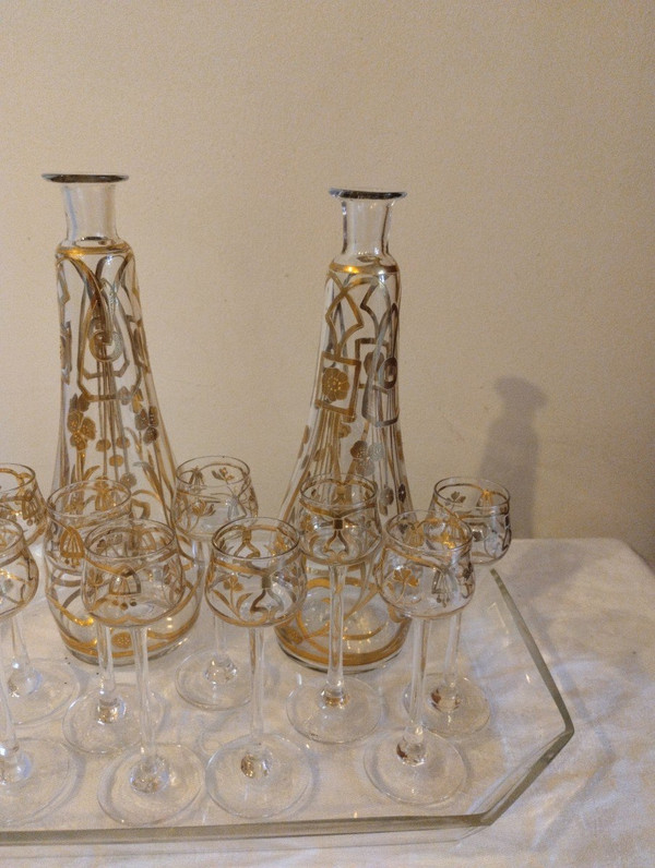 Service à Liqueur - Verre émaillé - Art Nouveau - V. 1900.
