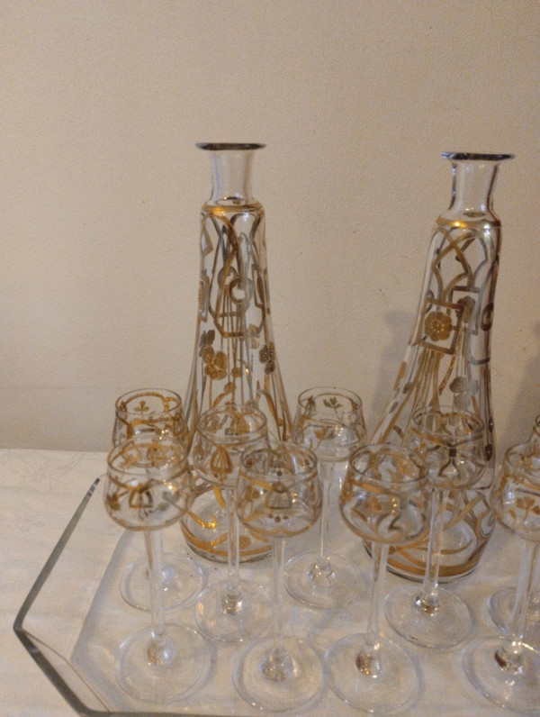 Service à Liqueur - Verre émaillé - Art Nouveau - V. 1900.