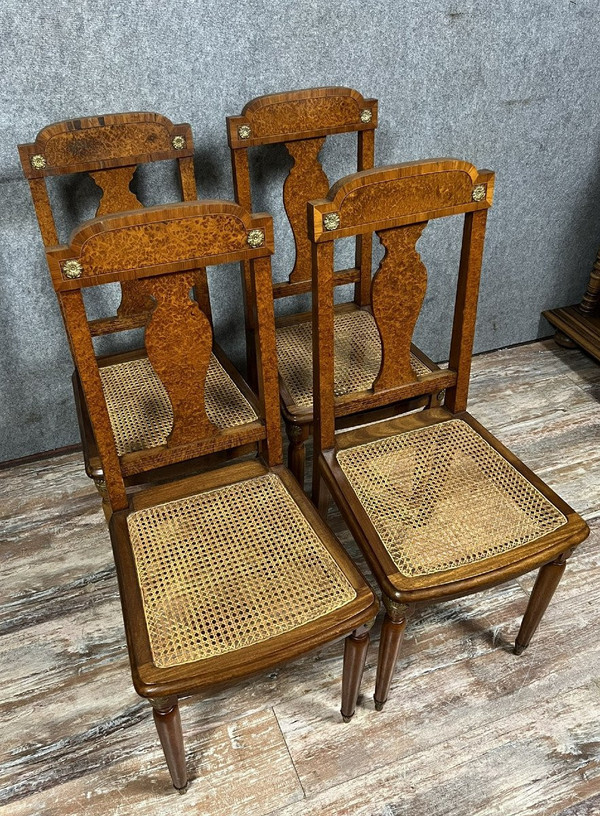Krieger Paris: Superb series of 4 Louis XVI chairs in burl, rosewood and walnut circa 1880