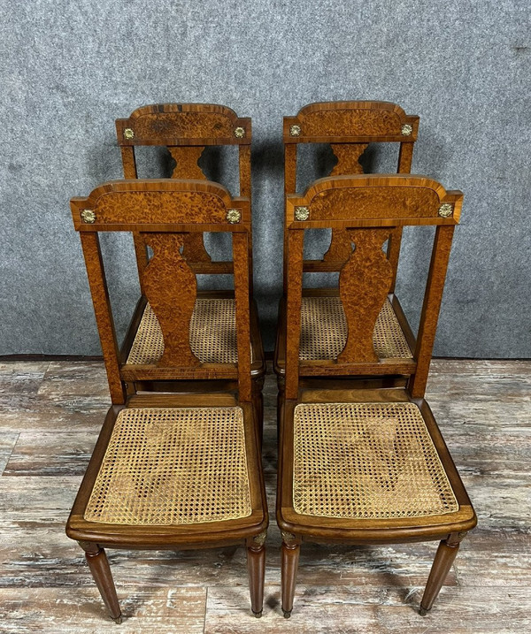 Krieger Paris: Superb series of 4 Louis XVI chairs in burl, rosewood and walnut circa 1880