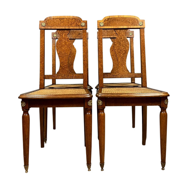 Krieger Paris: Superb series of 4 Louis XVI chairs in burl, rosewood and walnut circa 1880