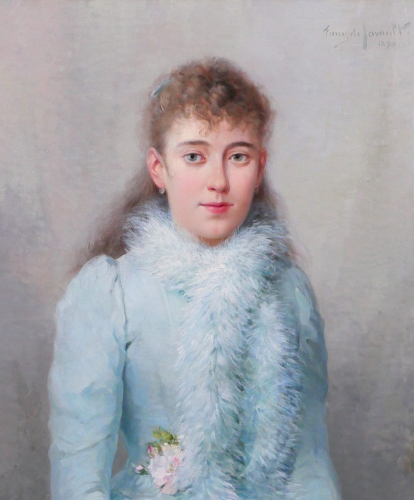 Albert T. Furcy de Lavault 1847-1915 Porträt einer jungen Frau in Blau mit Blumen, Gemälde, 1890
