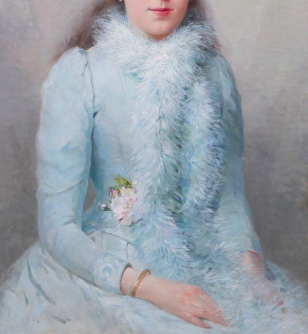 Albert T. Furcy de Lavault 1847-1915 Porträt einer jungen Frau in Blau mit Blumen, Gemälde, 1890