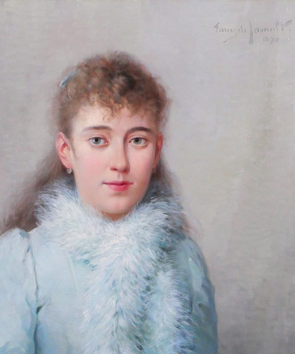 Albert T. Furcy de Lavault 1847-1915 Porträt einer jungen Frau in Blau mit Blumen, Gemälde, 1890