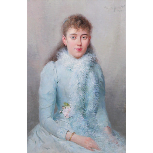 Albert T. Furcy de Lavault 1847-1915 Porträt einer jungen Frau in Blau mit Blumen, Gemälde, 1890