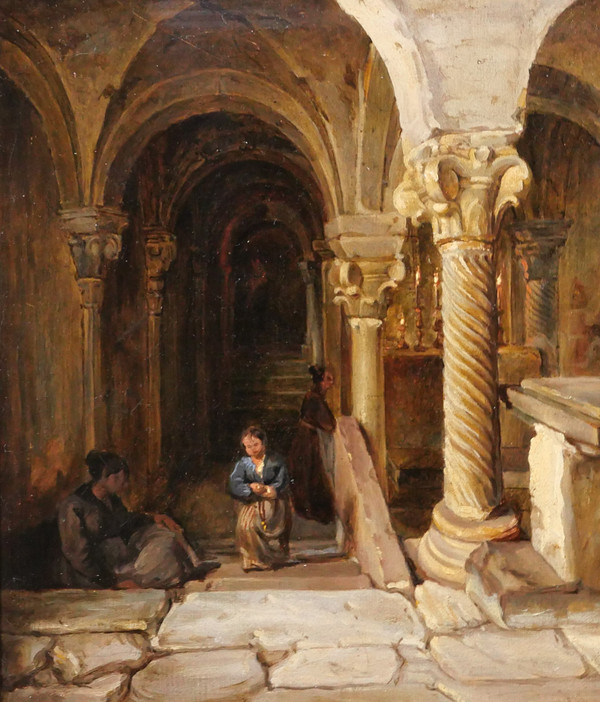 François-Marius Granet (att. à) 1775-1849 Intérieur d'une crypte, tableau, vers 1820-30