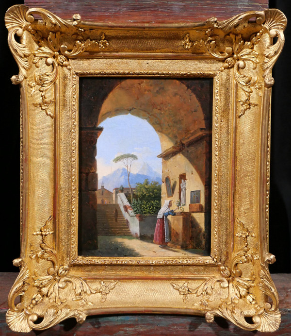 Jean-Baptiste BERLOT 1775-1840 Italia, oratorio in un antico rudere, pittura, paesaggio