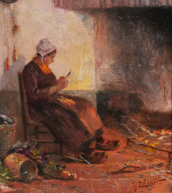 Philipp ZELTNER 1865-1946 Donna in cucina, dipinto, 1900 circa
