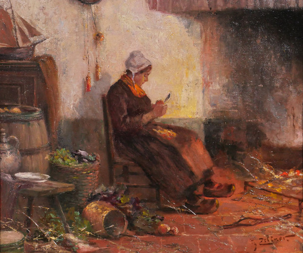 Philipp ZELTNER 1865-1946 Donna in cucina, dipinto, 1900 circa