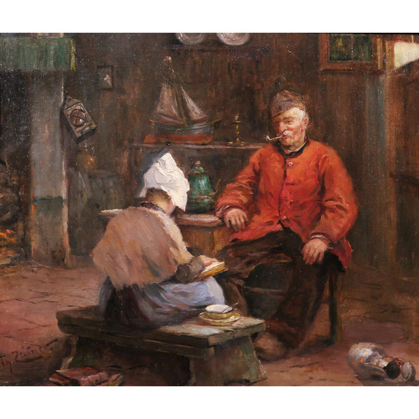 Philipp ZELTNER 1865-1946 Coppia in un interno, dipinto, 1900 circa