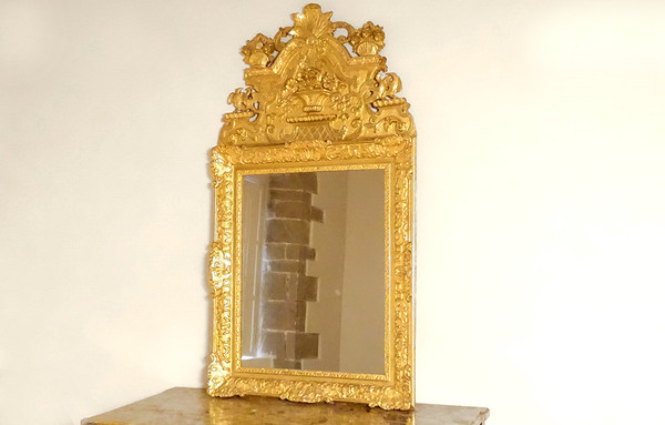 Miroir Régence Fronton Bois Sculpté Doré Oiseaux Panier Fleurs Glace XVIIIè