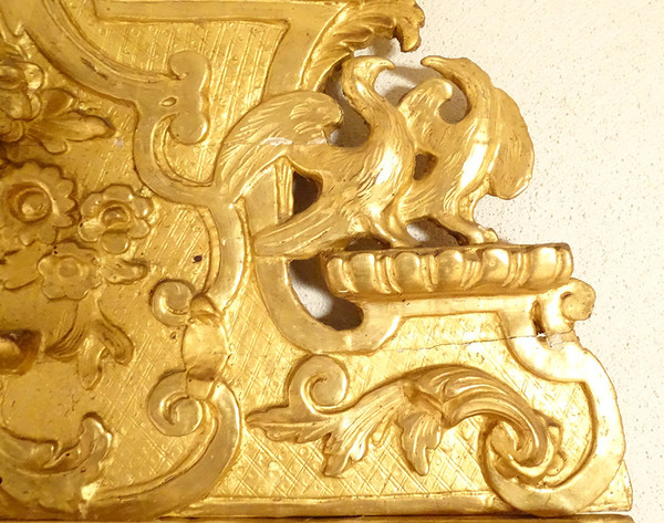 Miroir Régence Fronton Bois Sculpté Doré Oiseaux Panier Fleurs Glace XVIIIè