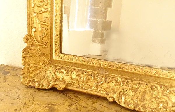 Miroir Régence Fronton Bois Sculpté Doré Oiseaux Panier Fleurs Glace XVIIIè