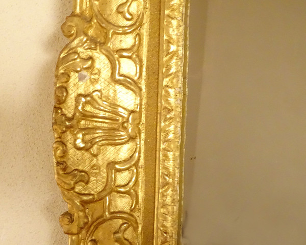 Miroir Régence Fronton Bois Sculpté Doré Oiseaux Panier Fleurs Glace XVIIIè