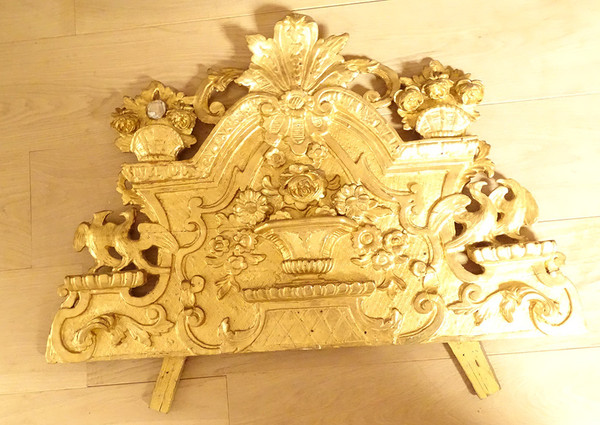 Miroir Régence Fronton Bois Sculpté Doré Oiseaux Panier Fleurs Glace XVIIIè