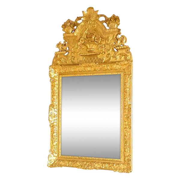 Miroir Régence Fronton Bois Sculpté Doré Oiseaux Panier Fleurs Glace XVIIIè