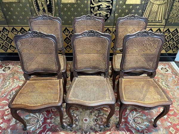Set aus 6 Rohrgeflechtstühlen im Louis-XV-Stil aus Eiche