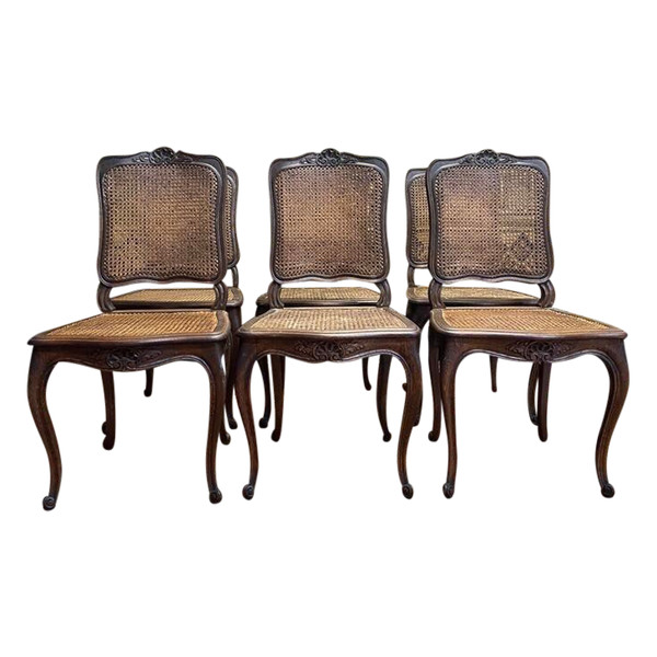 Set aus 6 Rohrgeflechtstühlen im Louis-XV-Stil aus Eiche