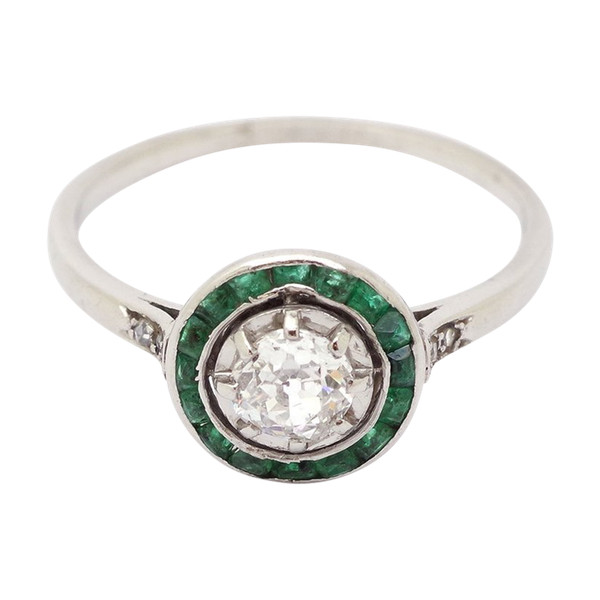 Art Deco emerald target ring in platinum and 18k white gold, target ring, circular ring