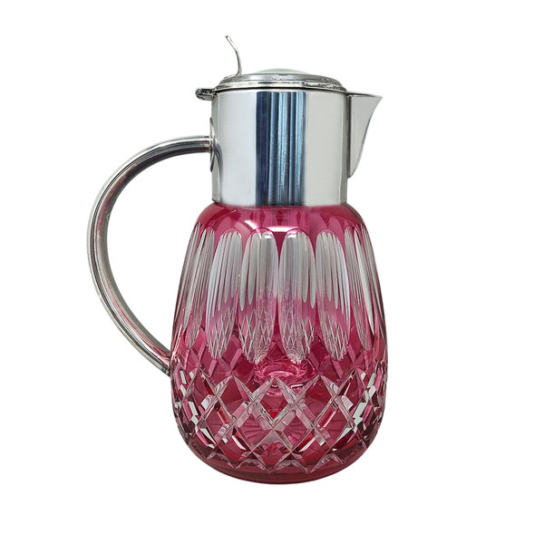 1960s Gorgeous Red Bohemian Cut Crystal Glass Pitcher. Made in Italy
