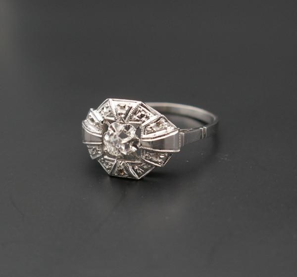 Bague Art Déco Diamant Taille Ancienne, Or 18 Carats.