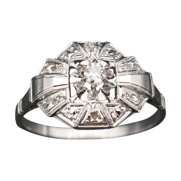 Bague Art Déco Diamant Taille Ancienne, Or 18 Carats.