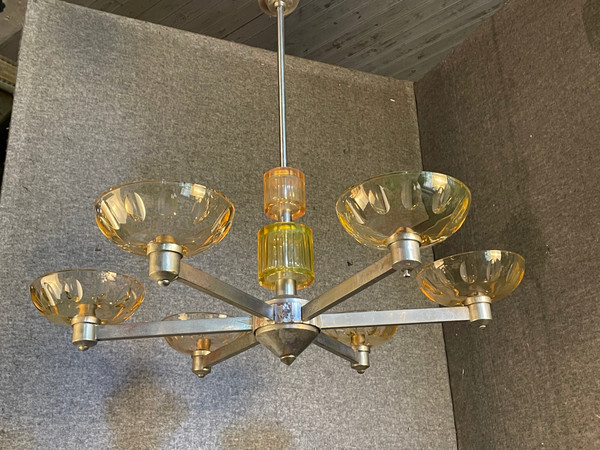 Adnet Rare Art Deco Chandelier in Uraline Cut Crystal and Chrome Six Lights