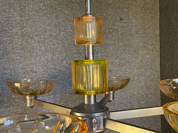 Adnet Rare Art Deco Chandelier in Uraline Cut Crystal and Chrome Six Lights