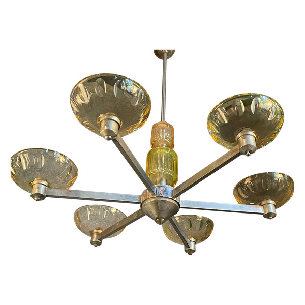 Adnet Rare Art Deco Chandelier in Uraline Cut Crystal and Chrome Six Lights