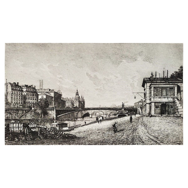Gravur der Pariser Rathausbrücke von Lucien Gautier 