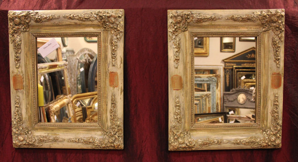 40 X 49 Cm Paire De Miroirs Rectangle Restauration, Patine Et Feuille d'Or