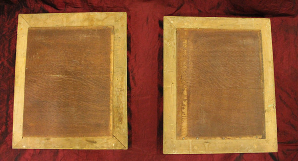 40 X 49 Cm Paire De Miroirs Rectangle Restauration, Patine Et Feuille d'Or