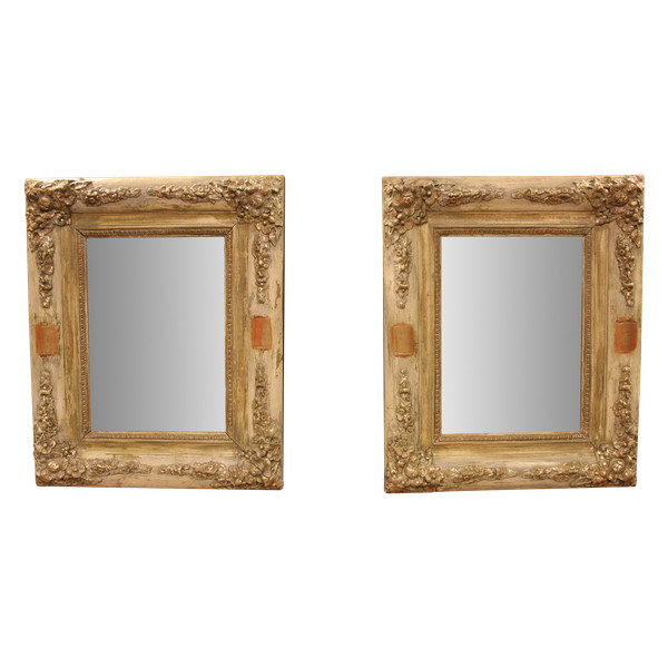 40 X 49 Cm Paire De Miroirs Rectangle Restauration, Patine Et Feuille d'Or