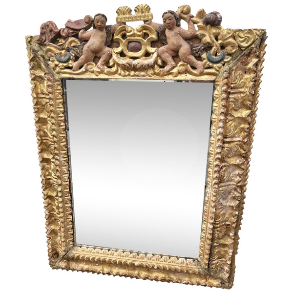 Miroir Mexicain En Bois Sculpté Doré, XVII/XVIIIème Siècle