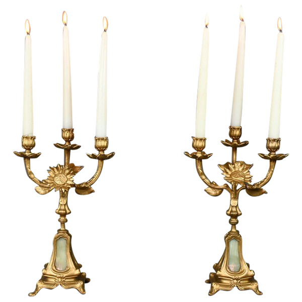Paire de Candélabres en Régule Doré et Onyx – 1940