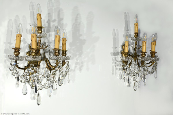 Appliques à Pampilles en Bronze et Cristal, style Louis XV – Fin XIXe