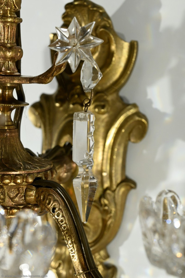 Appliques à Pampilles en Bronze et Cristal, style Louis XV – Fin XIXe