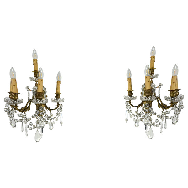 Appliques à Pampilles en Bronze et Cristal, style Louis XV – Fin XIXe