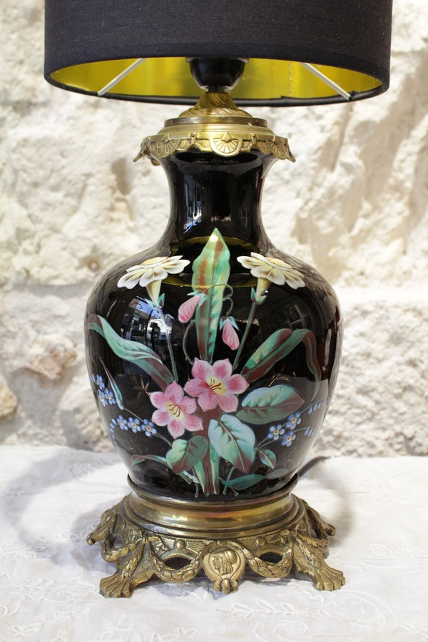 Table lamp, vase with black background and polychrome flowers late 19th century