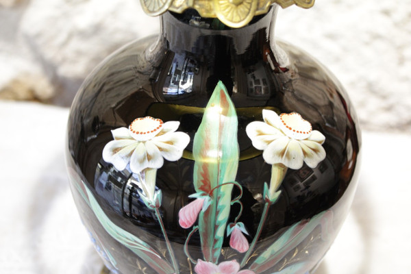 Table lamp, vase with black background and polychrome flowers late 19th century