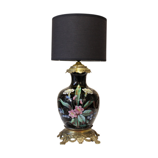 Table lamp, vase with black background and polychrome flowers late 19th century