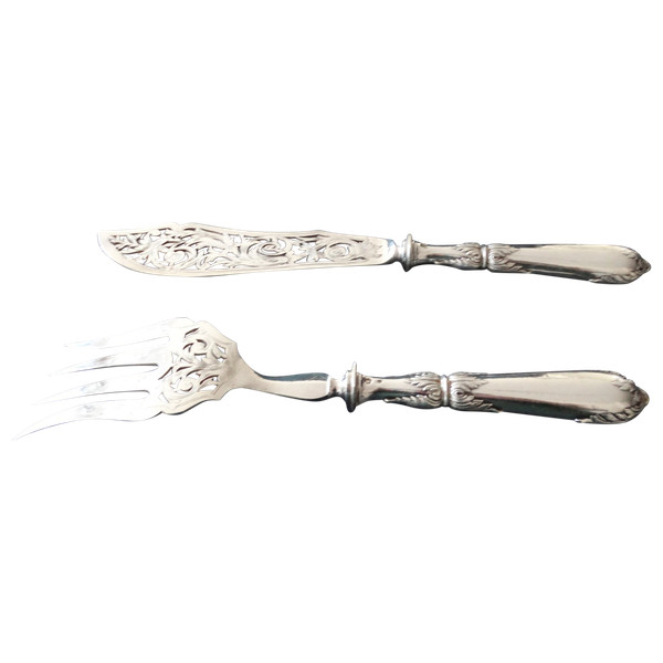 Service à poisson en argent fourré et métal argenté. 1900