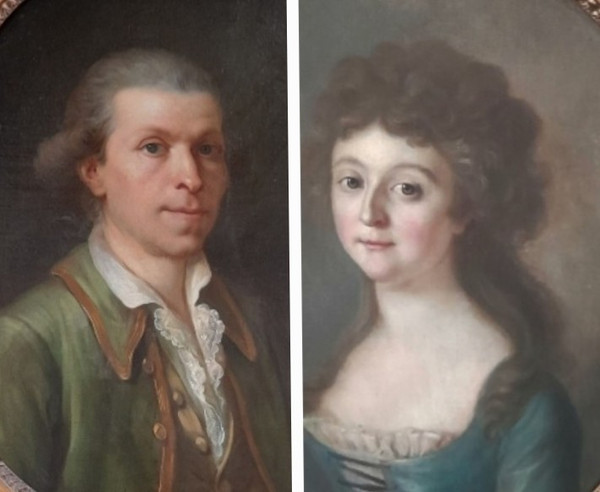 Pair Of Portraits on Oval Canvas French School Circa 1780 Portrait of a Lady and Man in Bu