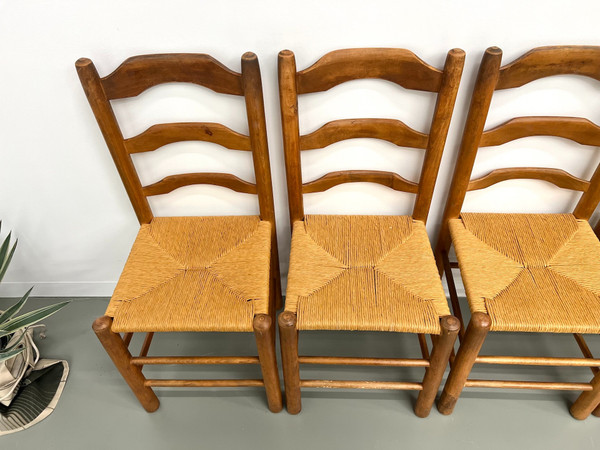 Set of 8 solid elm chairs with straw-covered seats